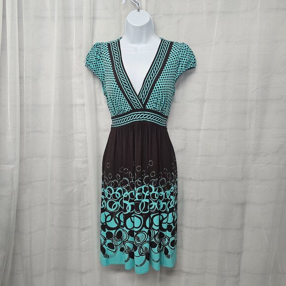 City Triangles Babydoll Y2K Dress Blue Brown Retro Polka Dot M - Picture 1 of 11